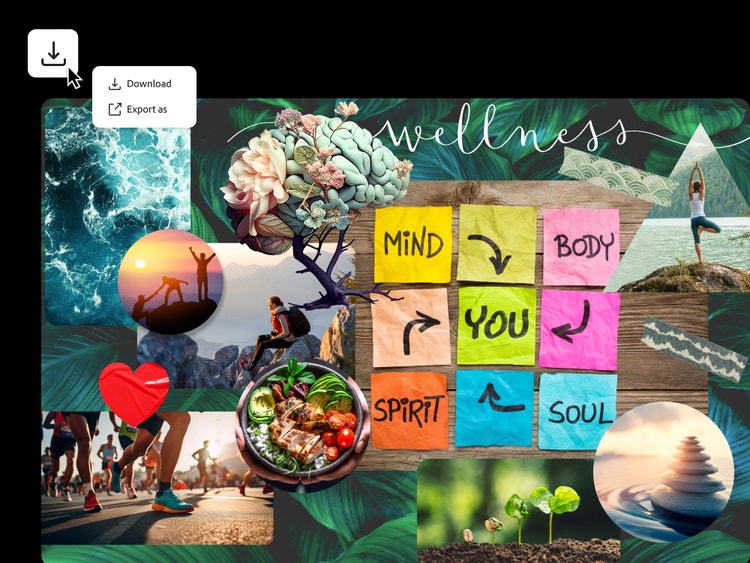 Табло със заглавие „Wellness“ с изображения на океана, туристи, бягащи хора и вдъхновяващи лепящи се бележки. Курсорът се задържа върху иконата за изтегляне.