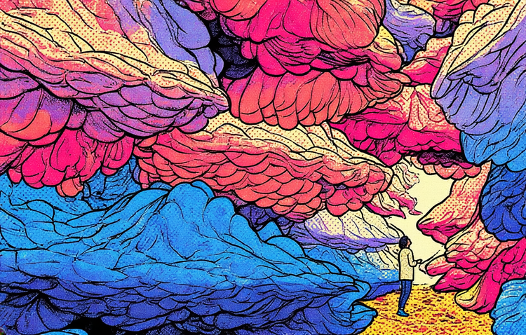 Ярка илюстрация, генерирана с изкуствен интелект, на жена, стояща в каньон от големи, плавни, ярки форми.