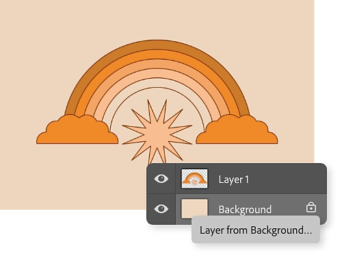 Панел Layers, наложен върху илюстрация на дъга.