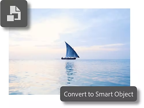 Изображение на платноходка е превърнато в Smart Object (Интелигентен обект) в Adobe Photoshop с наслагване на диалогов прозорец