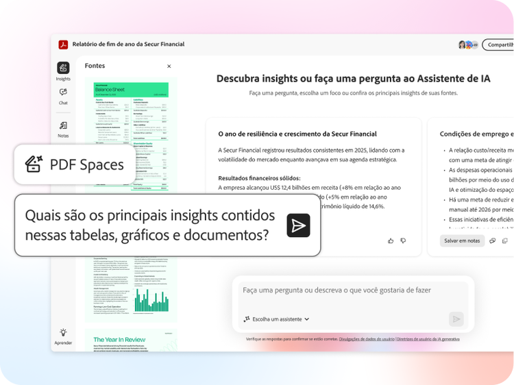 Um PDF Space viabilizado por IA, com um balão de chat em destaque solicitando os principais insights.