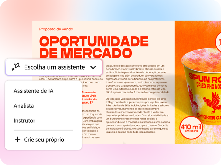 Captura de tela de uma proposta de vendas, com o menu do Assistente de IA e a opção para escolher um Assistente de IA, um Analista ou um Instrutor.