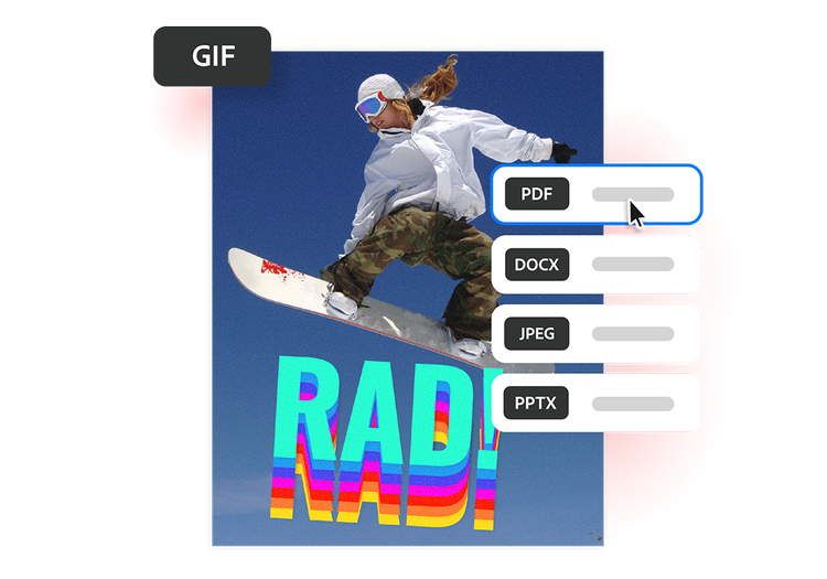 Praticante de snowboard no ar contra um céu azul brilhante, mostrado como conversão de GIF em PDF, com PDF selecionado no menu de formatos