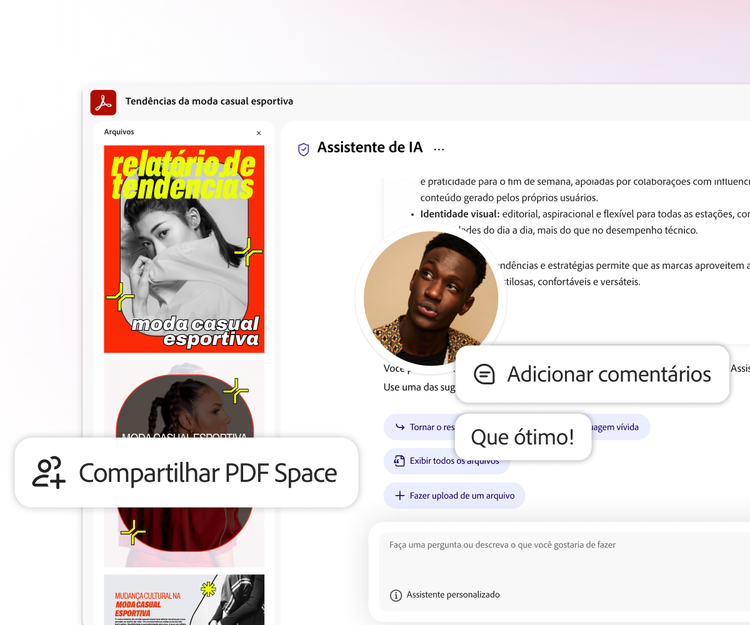 https://main--da-dc--adobecom.aem.page/dc-shared/assets/videos/acrobat/generative-ai-pdf/media_1e333cc710804d05ef085eb5562584a0c8e656d23.mp4#_autoplay1 | Uma imagem gráfica do Assistente de IA do Acrobat mostrando um espaço de trabalho com um texto “Compartilhar PDF Space”.