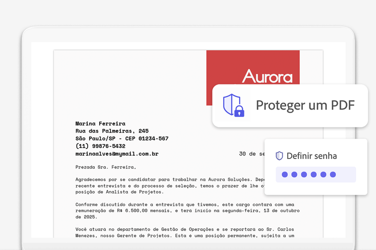 Imagem de um documento de proposta destacando a sobreposição do ícone do recurso Proteger um PDF do Acrobat.