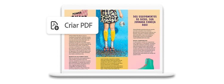 Ilustração de uma tela de notebook exibindo uma apresentação colorida com o texto “Proposta de negócios”, preparada para a Townsend Inc. pela Bodea Inc. O ícone Criar um PDF é exibido.