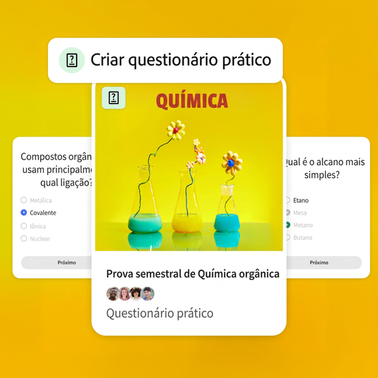 Prompt para criar um quiz prático para a prova semestral de química orgânica. Ao centro, três béqueres de laboratório com flores brotando. Em cada lado, perguntas do quiz de química.