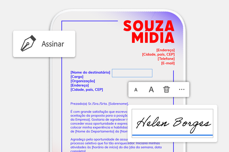 Imagem de um formulário de voluntariado destacando a sobreposição do ícone do recurso Assinar do Acrobat no canto.