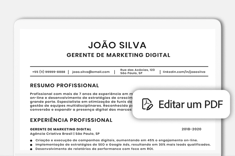 Imagem do kit de uma marca com cores vibrantes, incluindo os textos “Kit da marca” e “Identidade visual e marketing”. O ícone do recurso “Editar PDF” do Acrobat é exibido.