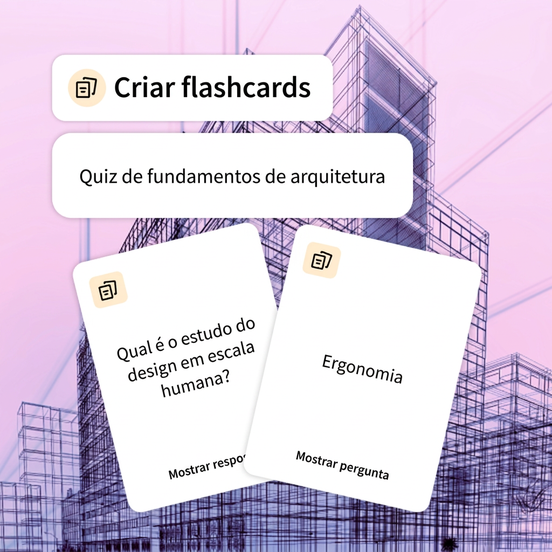 Planta arquitetônica ao fundo. Prompt para criar flashcards de fundamentos de arquitetura em destaque. Dois flashcards com pergunta e resposta.