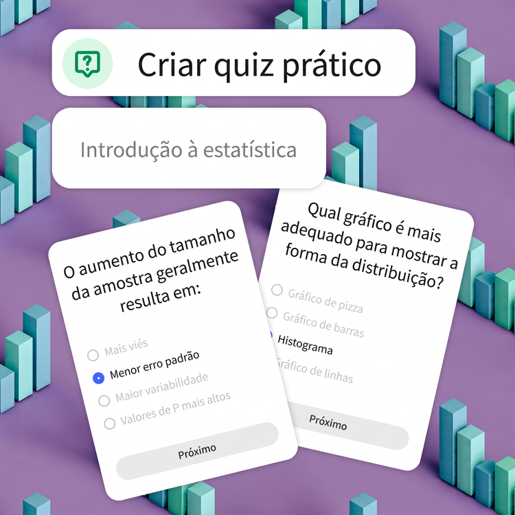 Uma ferramenta é solicitada para criar um quiz de prática para um curso introdutório de estatística. Gráficos de barras azuis espalhados em um fundo roxo representam o tema das perguntas de exemplo no topo.