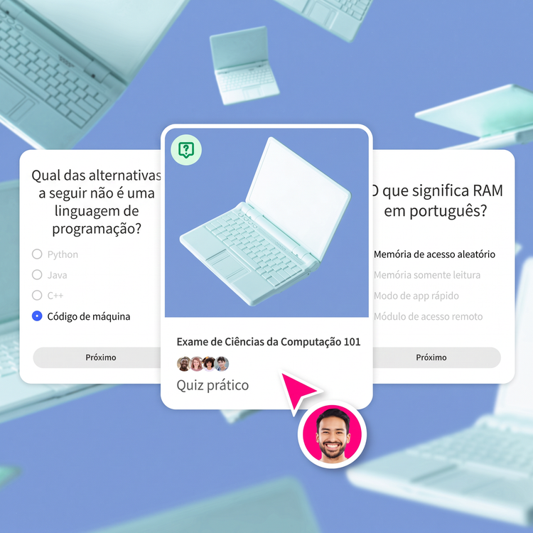 Ilustração de um notebook em um fundo azul está na capa de um quiz de prática. Cartões de perguntas sobre o assunto aparecem à esquerda e à direita.