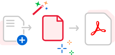 Ícone do arquivo de texto sendo convertido em arquivo branco e em seguida em PDF.