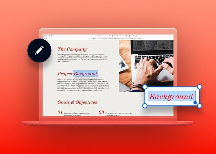 Simulação da edição de um PDF com o Acrobat em um Mac, com o ícone de edição e uma caixa de diálogo sobrepostos