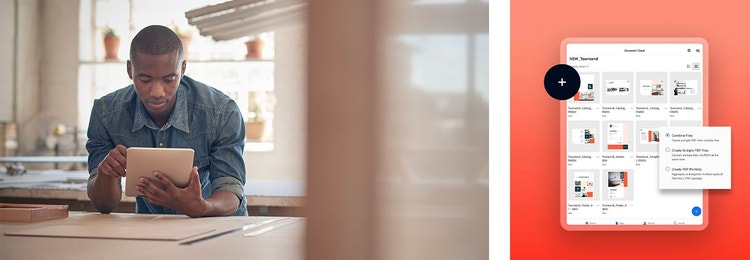 Uma pessoa usando um tablet ao lado do close de um arquivo PDF em um tablet aberto no melhor editor de PDF