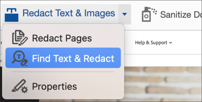 Clique no menu suspenso para localizar o texto e ocultar cada ocorrência dele em um PDF.