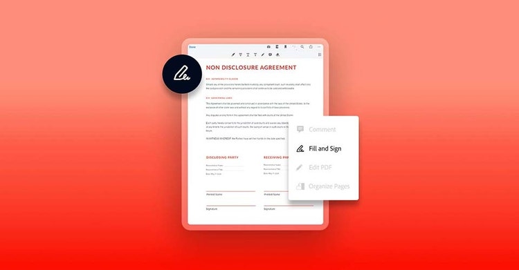 Exemplo de uso do recurso Preencher e assinar em um acordo de confidencialidade no Adobe Acrobat