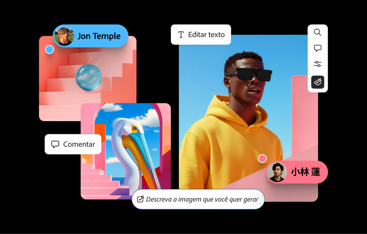 Interface de criação de moodboards online com blocos de imagens criativas, incluindo arte abstrata, fotografia de moda e ferramentas de edição para uma narrativa visual envolvente.