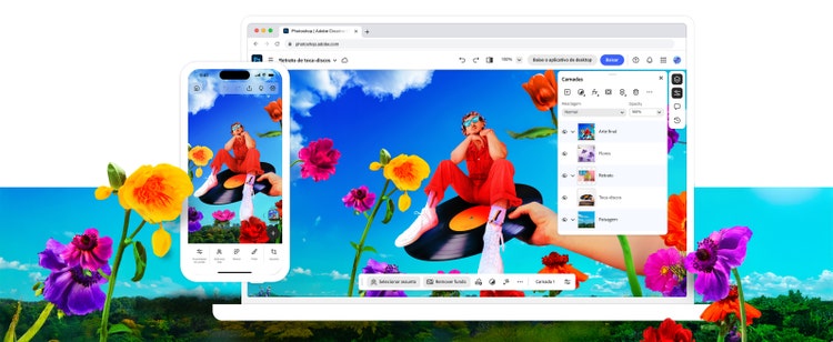 Imagem mostrando o Photoshop no desktop, no tablet e em dispositivos móveis.