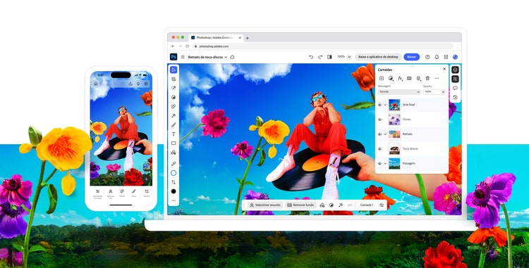 Imagem mostrando o Photoshop no desktop, no tablet e em dispositivos móveis.
