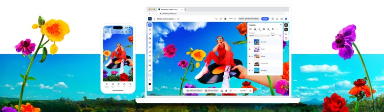 Imagem mostrando o Photoshop no desktop, no tablet e em dispositivos móveis.
