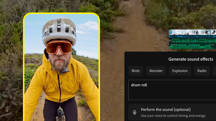 Um ciclista de jaqueta amarela ao lado de capturas de tela da interface do recurso Gerar efeitos sonoros.