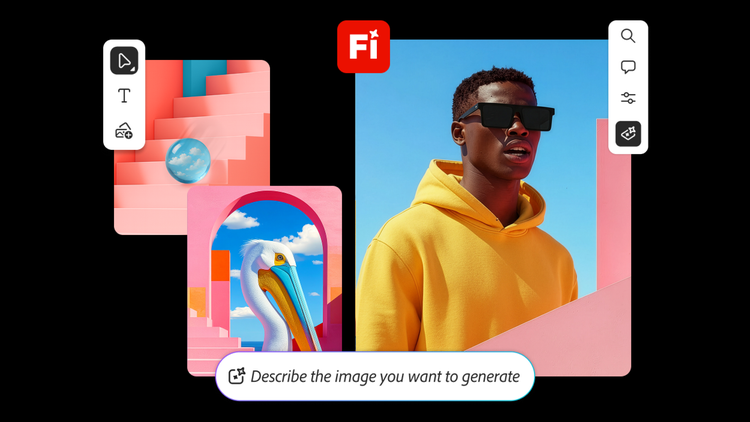 Imagens geradas por IA de uma cegonha, um homem de moletom amarelo e formas abstratas com sobreposições do logotipo do Firefly e da barra de comandos.