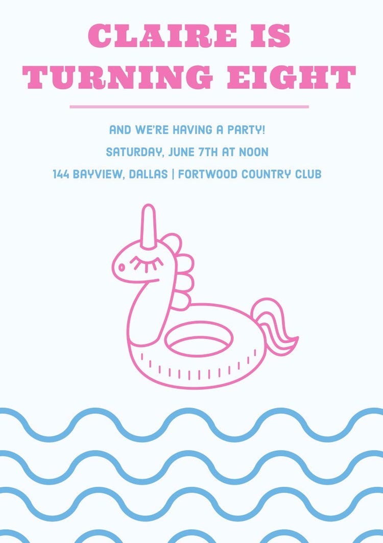 Pink and Blue Birthday Party Invitation Card with Unicorn Pool Float