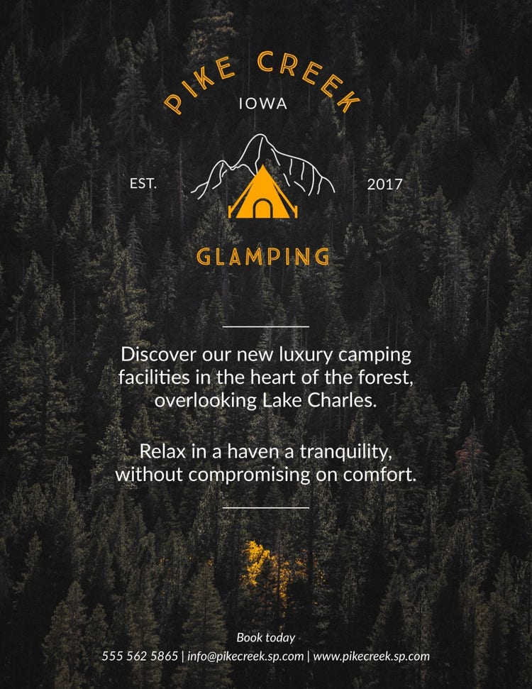 Black Orange Pike Creek Glamping Flyer