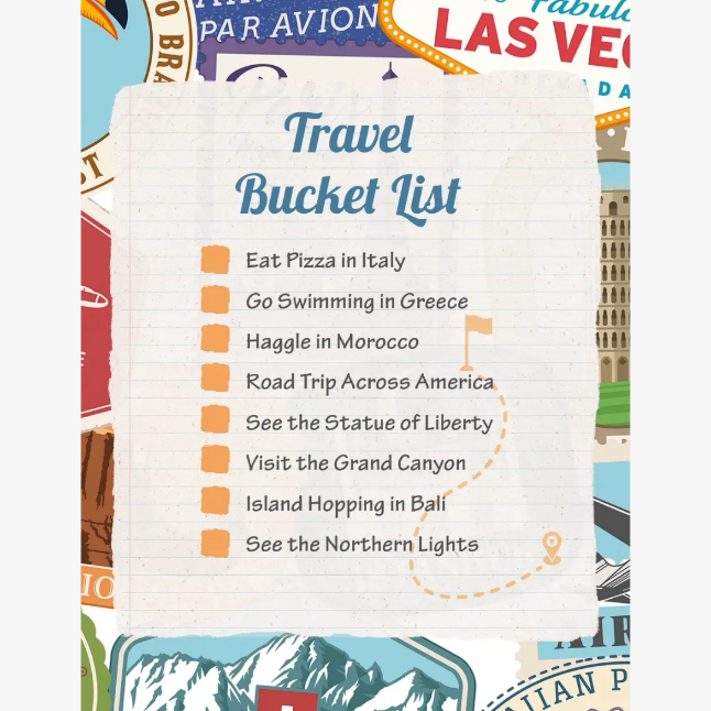 Uma lista de ideias de viagens com diferentes adesivos Conteúdo gerado por IA pode estar incorreto.