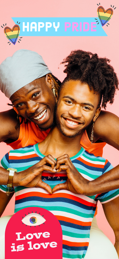 A person standing behind another person making a heart with their hands with the text "Happy Pride" and "Love is love"