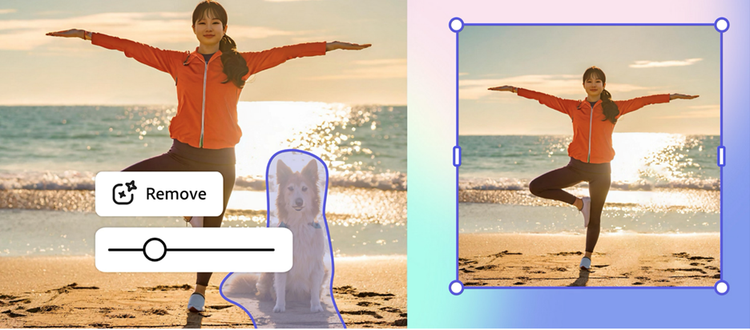 an example of how to remove objects from a photo. here a woman is doing tree pose on the beach with her dog, then the dog is removed from the background