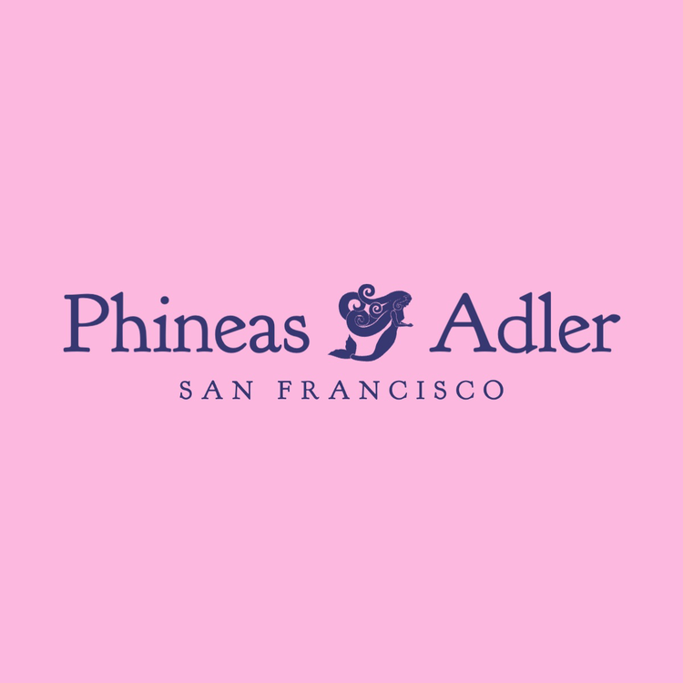 Phineas Adler San Francisco logo written in a purple serif font with an icon of a mermaid against a pink background