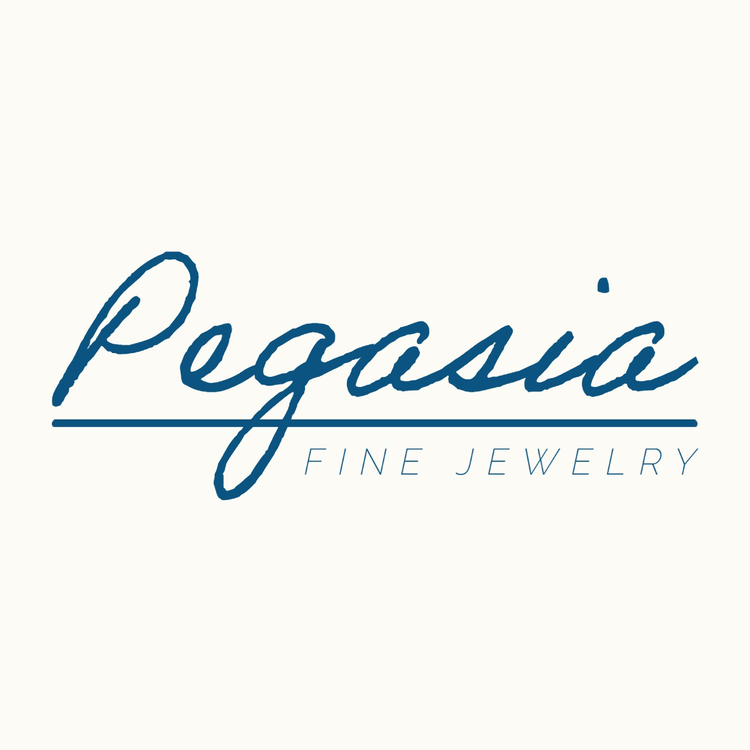 Pegasia Fine Jewelery logo written in the fonts Adobe Handwriting and Raleway in blue against a white background