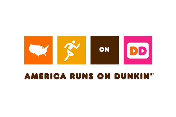 four boxes in a line – outline of the U.S., a person running, the word 'on', and the Dunkin Donuts logo – above their slogan