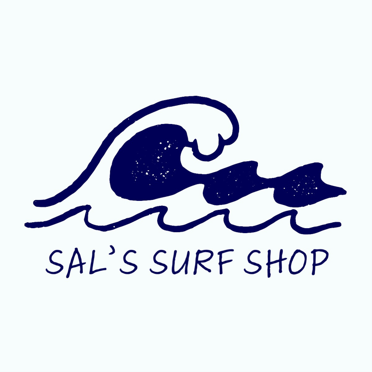 Sal's Surf Shop logo written in a blue casual script font with an icon of a big wave with smaller waves in the foreground