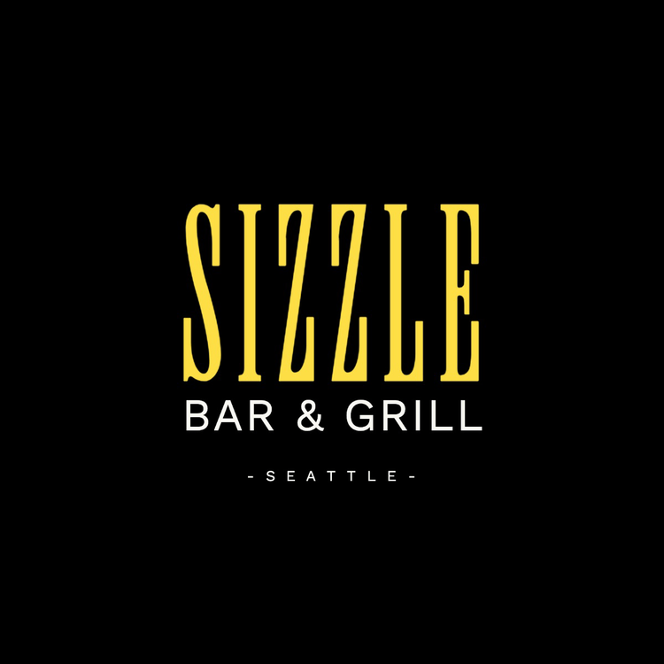 Sizzle Bar & Grill Seattle logo written in the fonts Willow Std and Work Sans in yellow and white against a black background