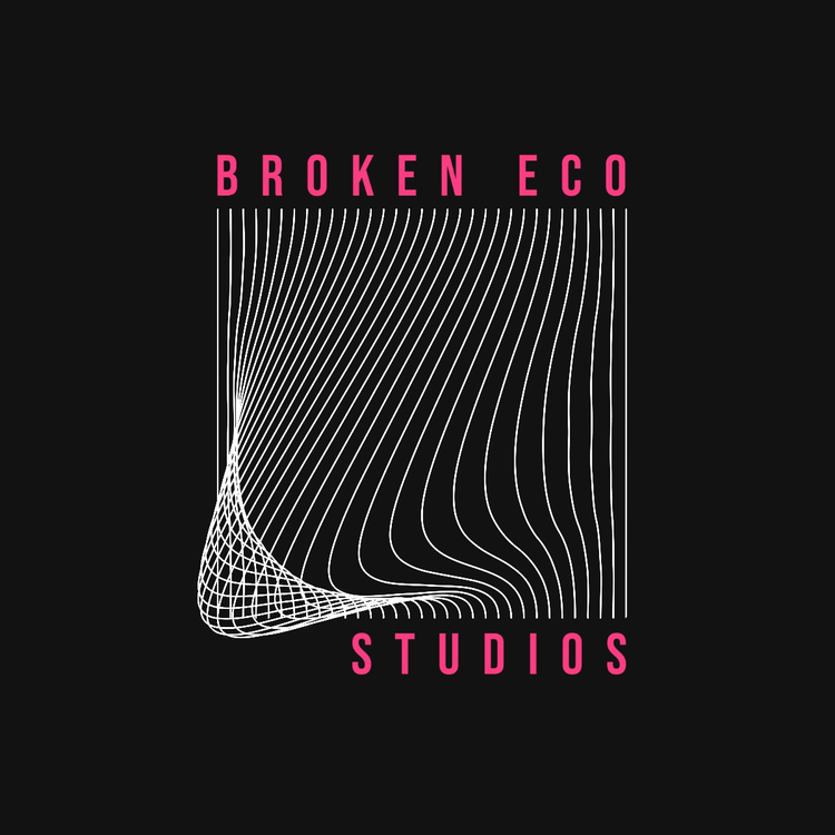 Broken Eco Studios logo written in a pink sans serif font with a 3D wave made out of white lines against a black background