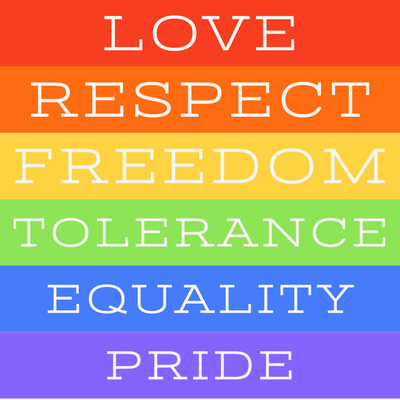 "love respect freedom tolerance equality pride" extending vertically each taking up a color of the rainbow