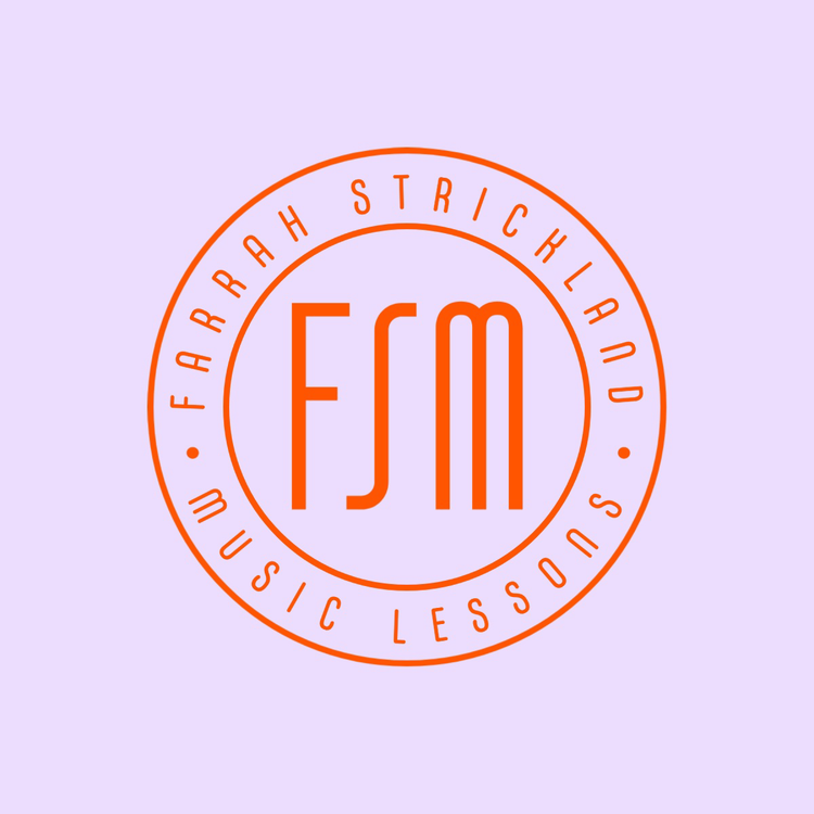 Farrah Strickland Music Lessons monogram logo written in the fonts Westgate and CarlMarx in orange against a light pink background