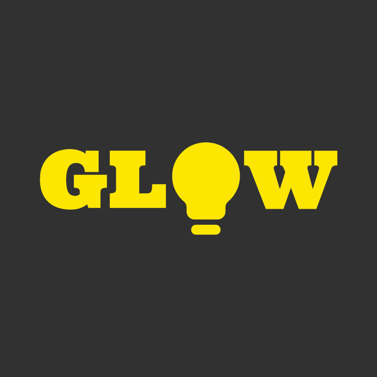Glow logo written in font Ultra in yellow where the o is a lightbulb against a dark grey background