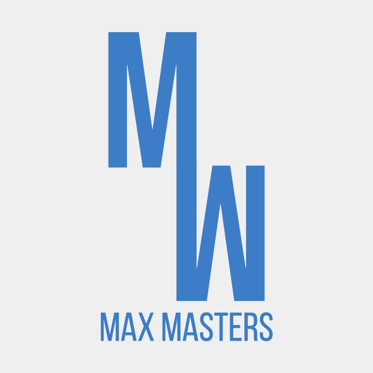 Max Masters monogram logo written in the font Bebas Neue in light blue against an off white background