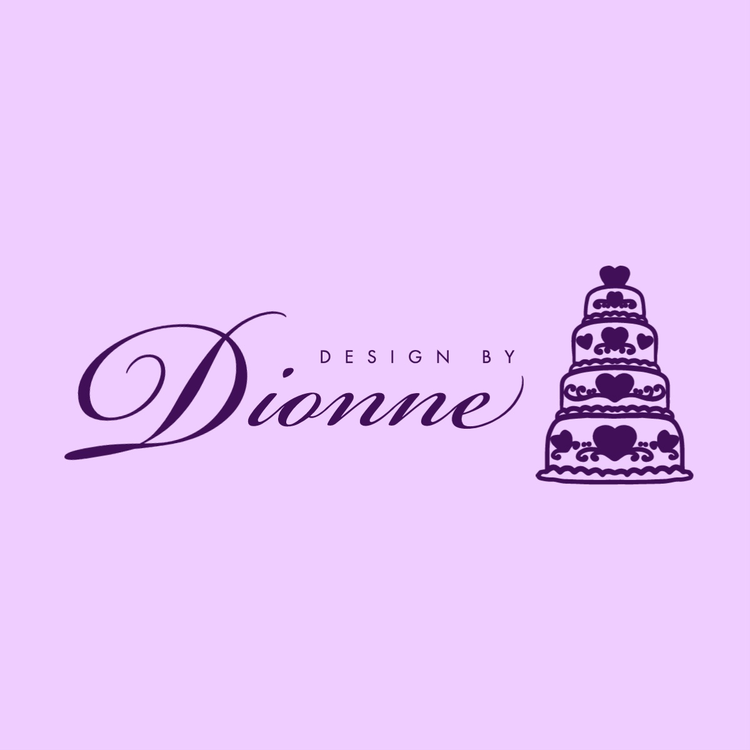 Design by Dionne logo written in a cursive font with an icon of a 4 tier cake against a light purple background