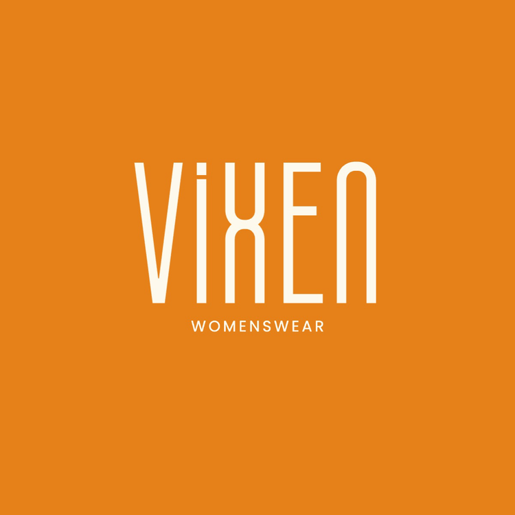Vixen Womenswear logo written in the fonts Westgate and Poppins in white against an orange background