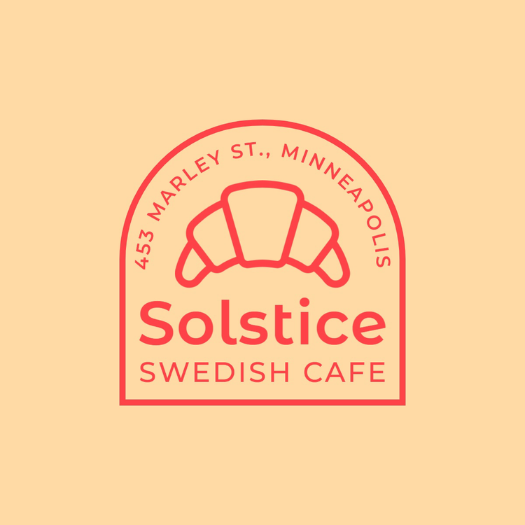 Solstice Swedish Cafe 453 Marley St., Minneapolis logo written in Montserrat in red with a croissant icon