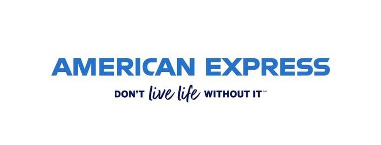 "American Express" with their slogan below in blue lettering against a white background
