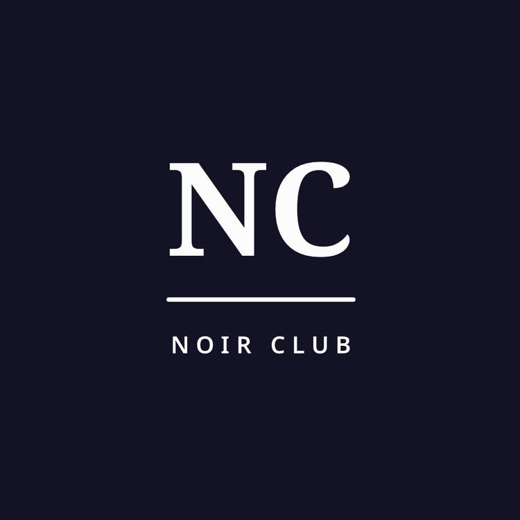 Noir Club monogram logo written in the fonts Noto Serif and Noto Sans in white against a navy blue background