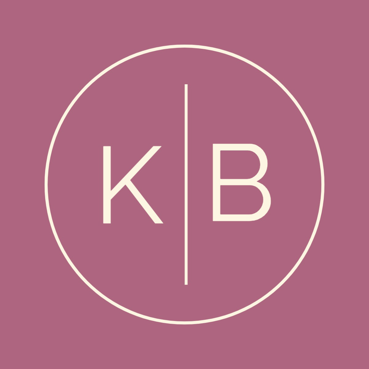 KB monogram logo written in the font Ralway in off white against a pink background