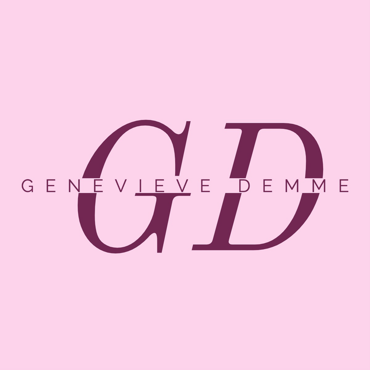 Genevieve Demme monogram logo written in the fonts Old Standard and Raleway in purple against a light pink background