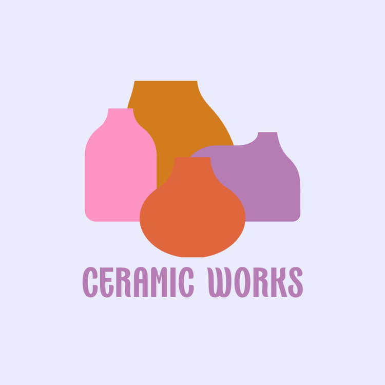 Ceramic Works logo with icons of various ceramic shapes in solid pastel colors